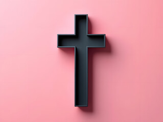 Obraz premium A dark gray cross casts a shadow on a pink background
