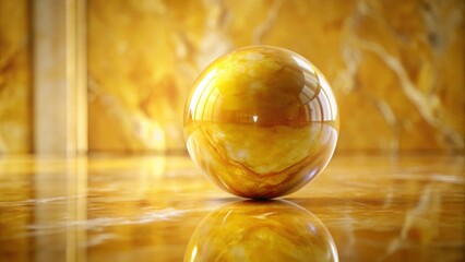 A Polished Amber Sphere Resting on a Golden Surface, Reflecting Warm Light and Smooth Texture