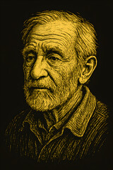 Fototapeta premium A detailed portrait of an elderly man with a beard and wrinkled face, rendered in a golden linocut style on a black background.