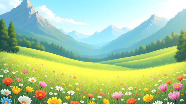 Vibrant Spring Meadow Landscape with Mountains and Flowers A picturesque scene of nature s beauty