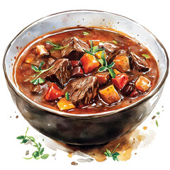 A watercolor painting of a bowl of Hungarian goulash, a rich stew with chunks of meat and vegetables like potatoes and carrots, garnished with fresh herbs.