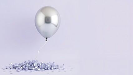 Single Silver Metallic Balloon with Scattered Confetti on a Soft Lavender Background - Elegant Celebration and Party Decor