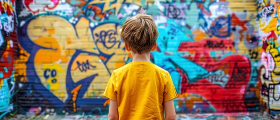 Fototapeta premium Young boy looking at vibrant urban graffiti art, exploring street art and creative expression outdoors in a colorful environment