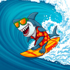 Surfing Shark in Hawaiian Shirt Riding the Waves
