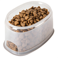 Pet food container filled with dry kibble. isolated on transparent background