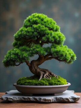 beautifully shaped evergreen bonsai tree sits on stone tray, surrounded