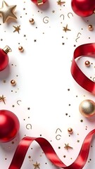 Festive Red Ribbon Christmas Frame Background with Ornaments, Snowflakes, and Evergreen Decorations for Holiday Cards, Invitations, and Seasonal Promotions.

