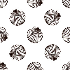 Hand drawn vintage seamless pattern of fan shaped scallop seashell in brown ink engraving style illustration