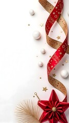 Festive Red Ribbon Christmas Frame Background with Ornaments, Snowflakes, and Evergreen Decorations for Holiday Cards, Invitations, and Seasonal Promotions.
