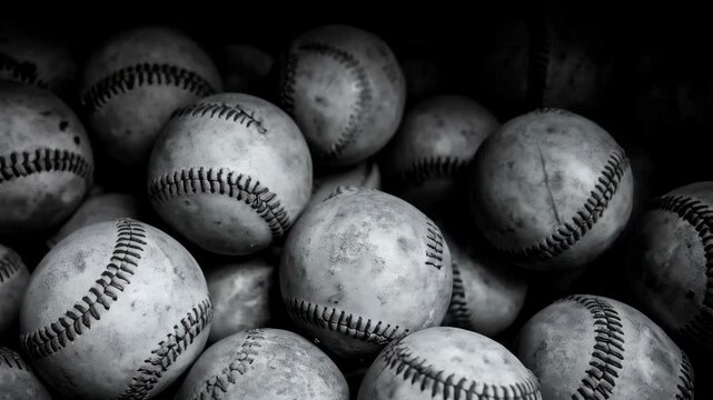 Monochrome photograph of a pile of used baseballs with visible stitching and scuff marks in a high contrast environment.