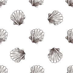 Hand drawn vintage seamless pattern of small scallop seashell in brown ink engraving style, marine sketch illustration