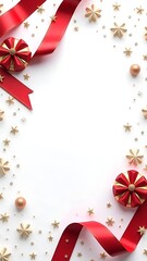 Festive Red Ribbon Christmas Frame Background with Ornaments, Snowflakes, and Evergreen Decorations for Holiday Cards, Invitations, and Seasonal Promotions.
