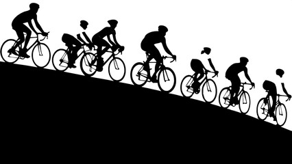 "Energetic scene of people cycling, drawn in a flat vector style. Characters include men and women of varied races, each riding a different bike in motion, wearing casual cycling gear. Viewed from a t