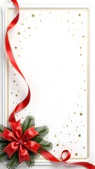 Festive Red Ribbon Christmas Frame Background with Ornaments, Snowflakes, and Evergreen Decorations for Holiday Cards, Invitations, and Seasonal Promotions.
