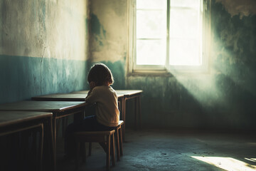 A child sits alone and cries in the corner of an old school classroom with worn walls and paint.