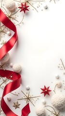 Festive Red Ribbon Christmas Frame Background with Ornaments, Snowflakes, and Evergreen Decorations for Holiday Cards, Invitations, and Seasonal Promotions.
