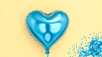 Vibrant Blue Heart-Shaped Foil Balloon with Matching Glitter on a Soft Yellow Background – Perfect for Valentine's Day, Celebrations, and Love Themes