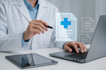 Healthcare Professional Interacting with Digital Medical Records on a Laptop and Tablet, Featuring Glowing Health Document Icons and a Prominent Plus Sign, Representing a Medical Platform