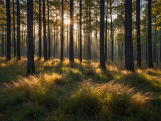 Fototapeta premium Long exposure of a forest clearing during golden hour with wind-blown grasses forming soft patterns and leaves slightly blurred against still tree trunks creating a dreamy atmosphere,