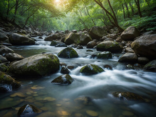 A rocky riverbed with smooth boulders and rushing water blurred into misty trails through long exposure framed by green foliage and dappled sunlight breaking through tree branches,