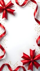 Festive Red Ribbon Christmas Frame Background with Ornaments, Snowflakes, and Evergreen Decorations for Holiday Cards, Invitations, and Seasonal Promotions.
