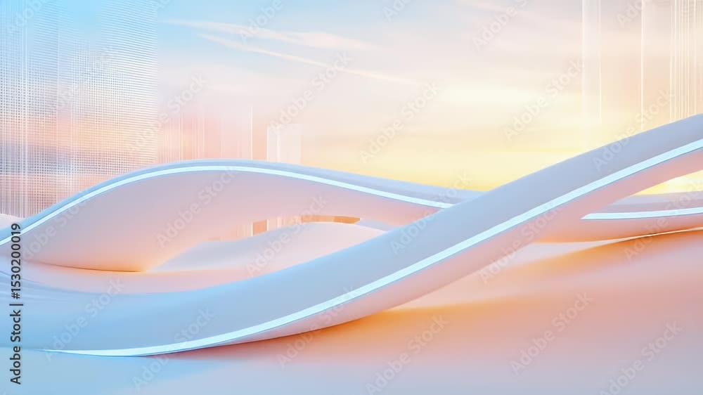 Poster abstract white curved structures with golden light rays and faint building silhouettes on a sky back