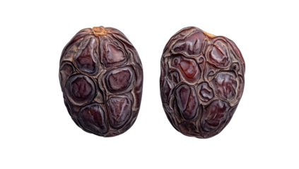 Two dried dates, close-up view, showing textured skin
