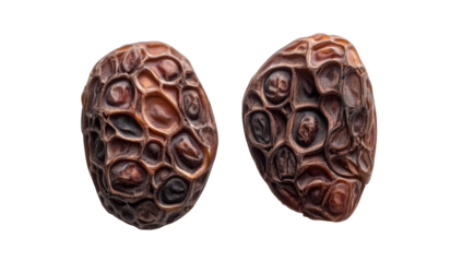 Close-up view of two textured, dried fruits.  The surface displays intricate,  honeycomb-like patterns,  in varying shades of brown