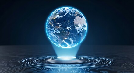 Holographic earth globe on futuristic technology platform