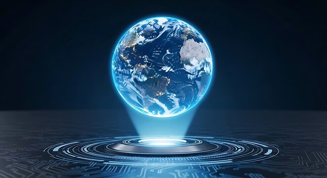 Holographic earth globe on futuristic technology platform