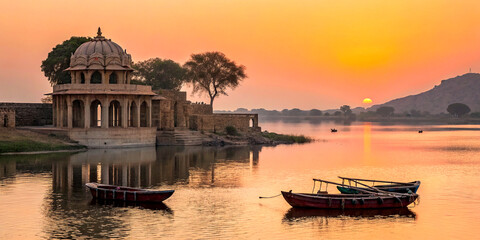Peaceful Rajasthan lake at sunset with temple and boats on white background