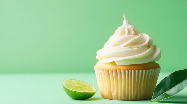 Cupcake with cream and lime leaf on green background