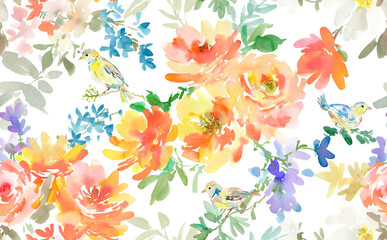 PNG seamless pattern of abstract orange peonies, birds and wild flowers painted in watercolor.Hand painted  Floral wallpaper. Spring and summer botanical textile design with transparent background.