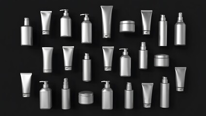 Fototapeta premium Sleek Silver Cosmetic Packaging Tubes, Bottles, Jars, and More, a Stylish Collection for Beauty Products