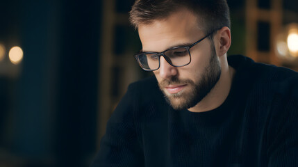 Obraz premium A man's intense focus in digital immersion, glowing softly with unseen connection