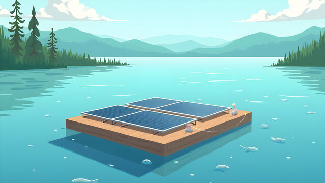 A floating platform on a serene lake equipped with solarpowered technology for aquatic biology studies.. illustration.