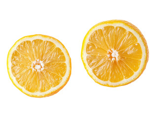 Two juicy citrus slices, vibrant yellow,  close-up