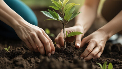 Landscape picture of two people planting a tree together. The concept of teamwork and collaboration, as the two individuals work together to care for the young plant. close up hand and plant