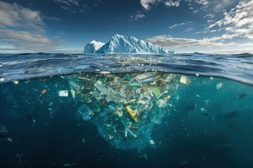 Trash Accumulation Under Iceberg Near Coral Reef in Marine Environment