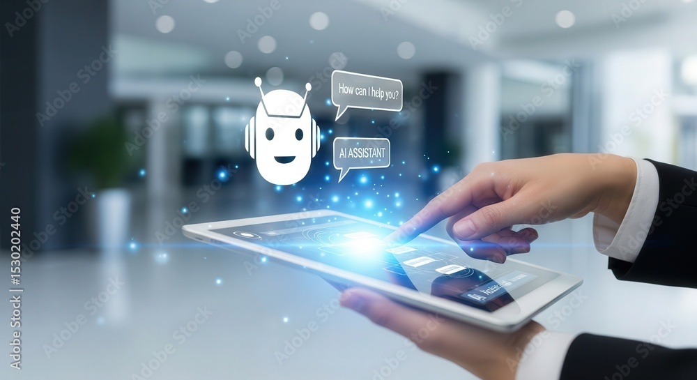 Poster ai assistant chatbot on tablet for business customer service and support automation technology