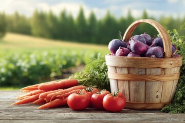 Freshly Harvested Fruits and Vegetables on a Rustic Table Surrounded by Nature's Beauty