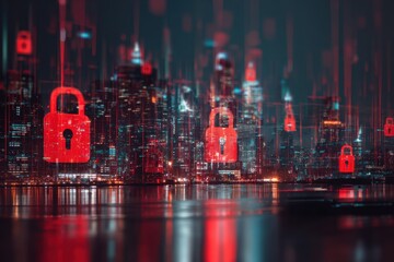 Abstract City Skyline at Night with Floating Lock Icons for Digital Security Themes