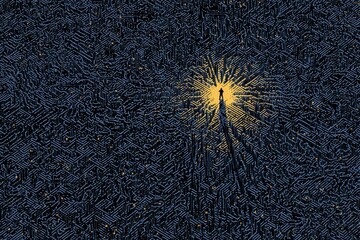 Isometric Digital Maze Scene Featuring a Mysterious Figure in a Bright Light Source