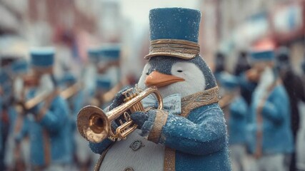 Penguin Bandmaster: A charming penguin bandmaster leads his marching band, their instruments gleaming, a festive spectacle of music and merriment.