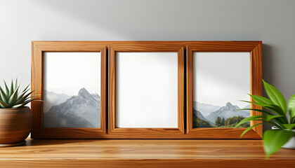 Fototapeta premium Rustic wooden photo display mockup, Dynamic motion. with white shades