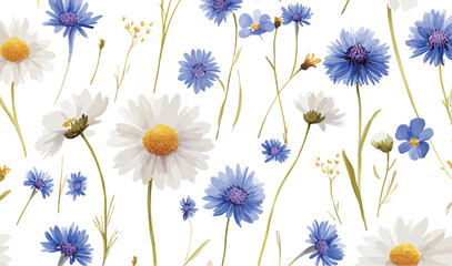 A vibrant floral pattern featuring white daisies and blue cornflowers.