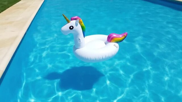 medium shot swimming pool with unicorn float