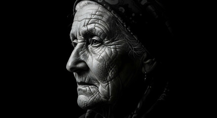 Portrait of an elderly woman deep in thought black and white photography