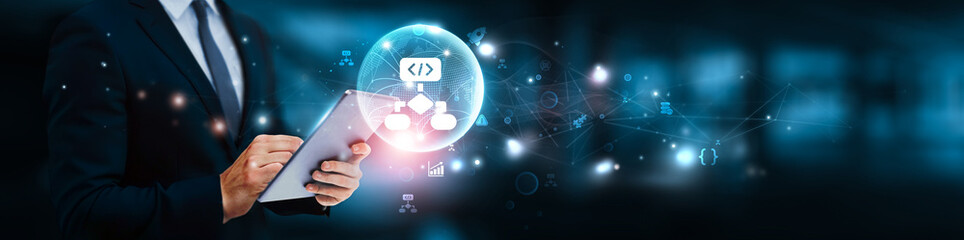Algorithm development concept. Businessman manage and analysis of growth graph data on machine...