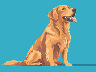 Golden Retriever sitting proudly against a vibrant blue background.